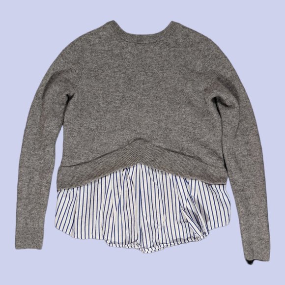 Aqua | Women's 100% Cashmere Crewneck Sweater Striped Cotton Hem Gray XS - Picture 2 of 3